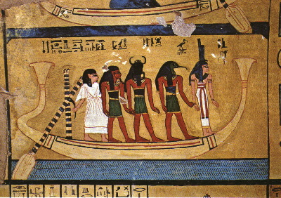 Inherkha con Kheper, Thoth e Isis en la Barca Sagrada