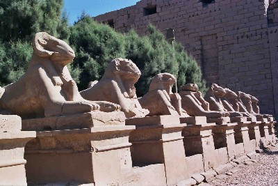 Avenida de esfinges con cabeza de carnero