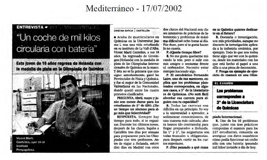 Dosier de prensa de la Medalla de Plata en la Olimpiada Internacional de Qumica en 2002