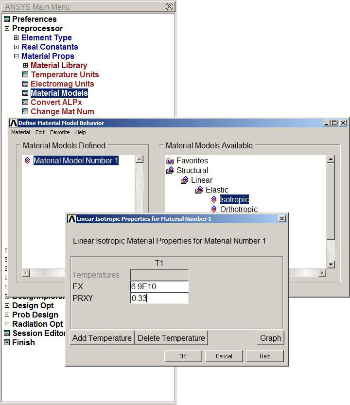 Figure 9. Modulus of elasticity (EX) and Poisson's ratio (PRXY).