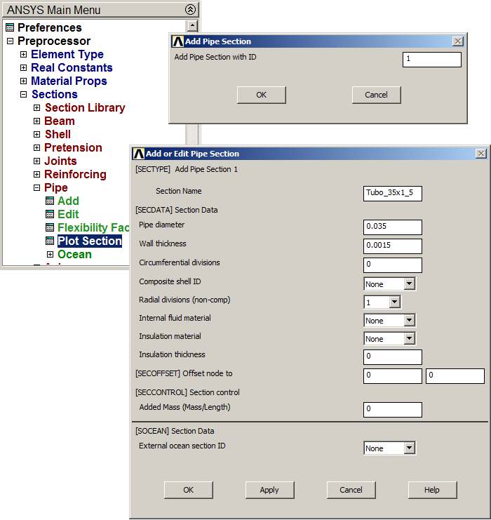 Figure 6. Input geometric characteristics for the PIPE section.