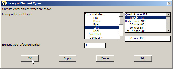 Figure 16. Defining the element PLANE 183.