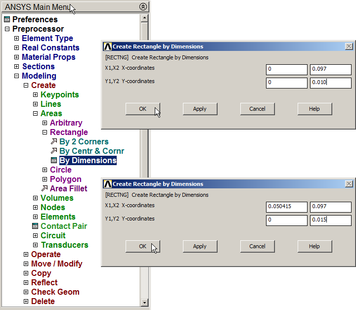 Figure 6. Creating two rectangular areas.