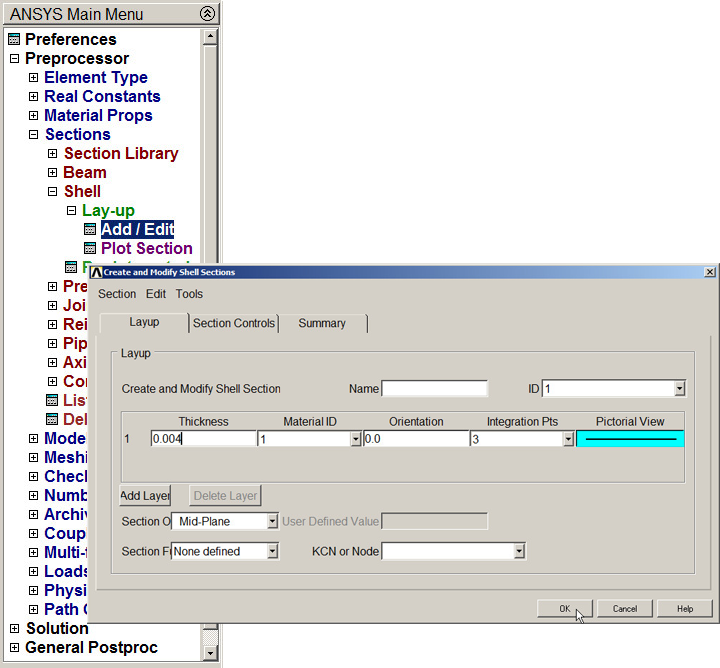 Figure 5. Defining the thickness for the SHELL element.