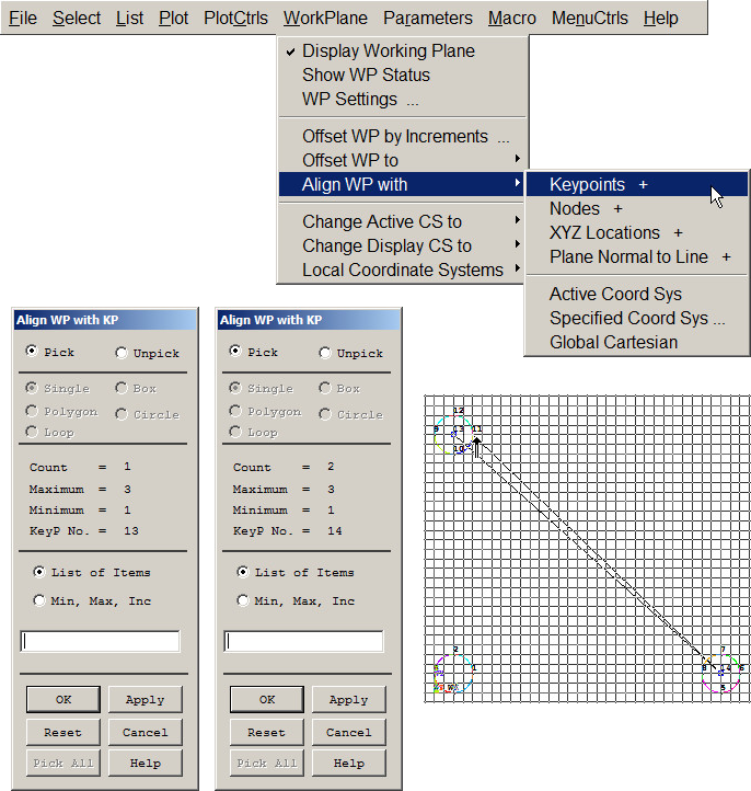 Figure 11. Align the working plane with the axis defined by two keypoints.