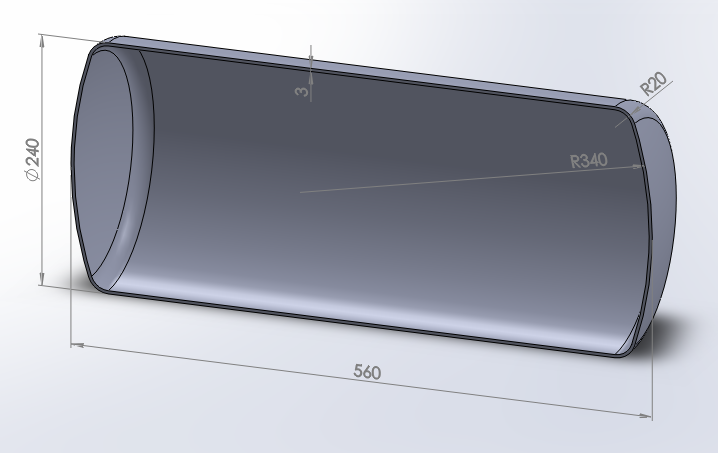 Figure 1b. Dimensions of the pressure tank (wall thickness: 3 mm).