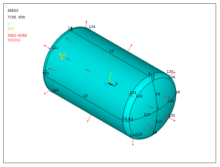 Figure 25. Pressure tank with load and boundary conditions.
