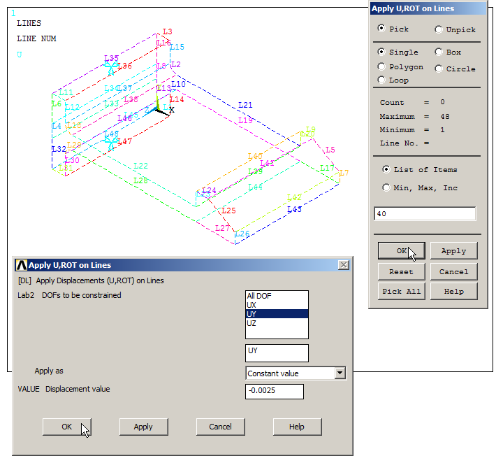 Figure 32. Restrict the displacement on line L40 (2.5 mm).