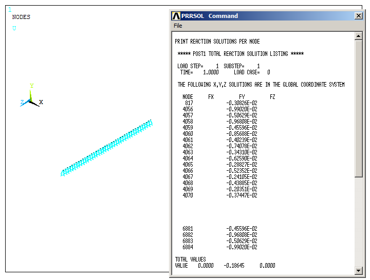 Figure 41. Reaction forces on the nodes attached to line L40.